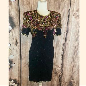 RareVintage 80s Silk Beaded Dress w Shoulder Pads